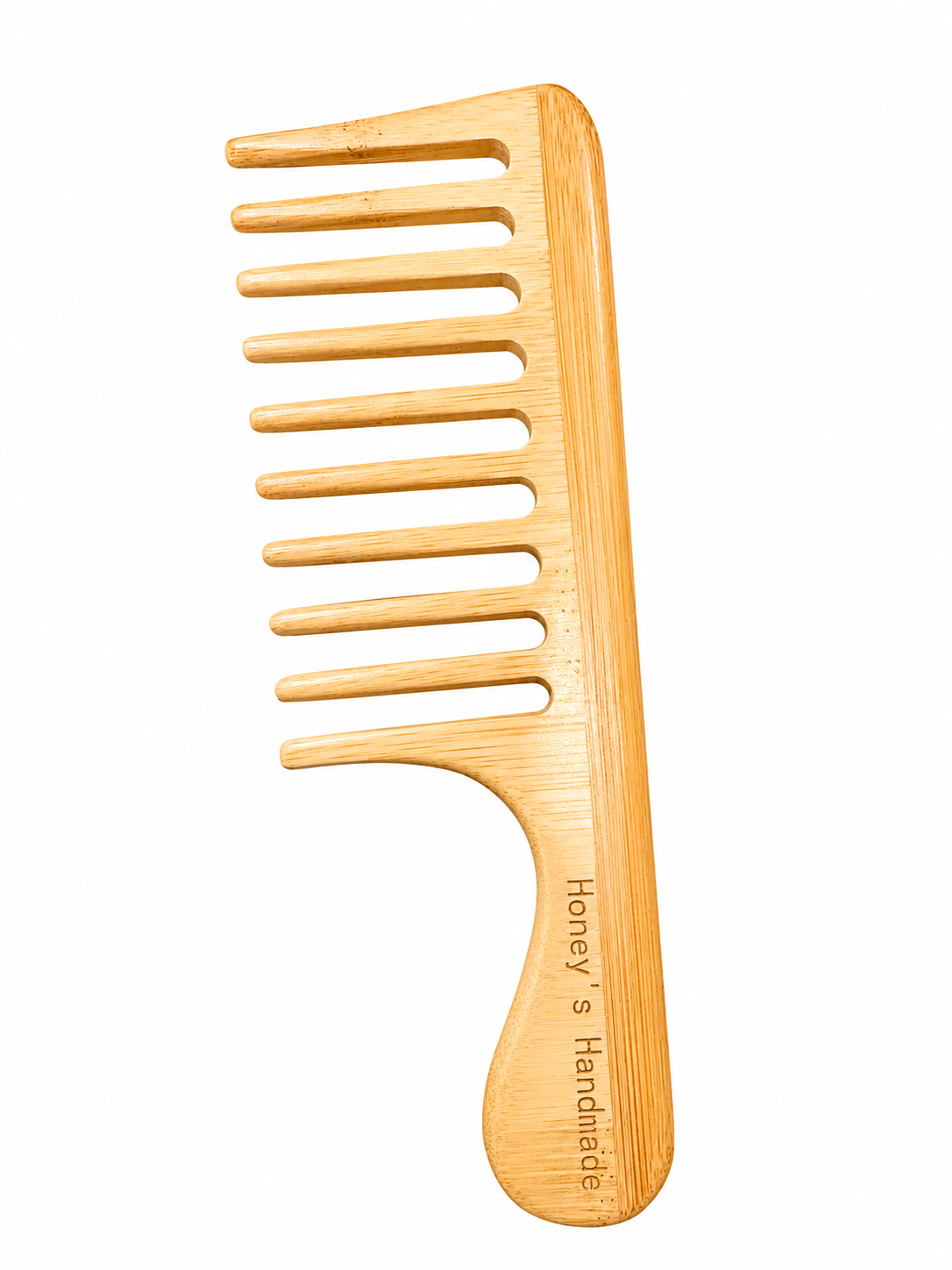 Honey’s Handmade Wooden Detangle Comb made from smooth bamboo with wide teeth for gentle detangling of curls, coils, and textured hair
