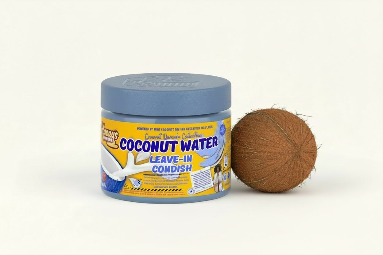 Honey's Handmade Coconut Water Leave-In Conditioner bottle with coconut and green leaves on white background