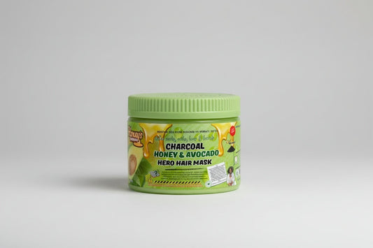 Charcoal Honey & Avocado Hero Hair Mask jar with honey and avocado ingredients background