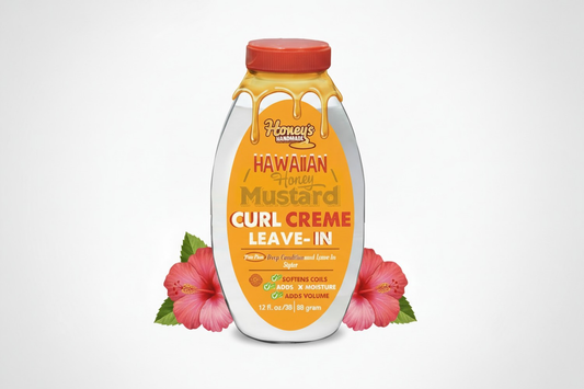 Jar of Hawaiian Honey Mustard 3-in-1 hair treatment with honey and mustard seed ingredients