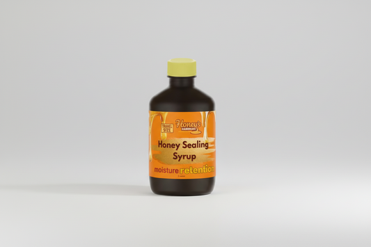 Honey Sealing Syrup pouring into a container with honeycomb background