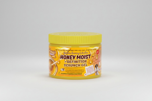 HONEY Moist + Definition Scrunch Gel showcasing natural honey benefits for moisture, shine, and hair elasticity